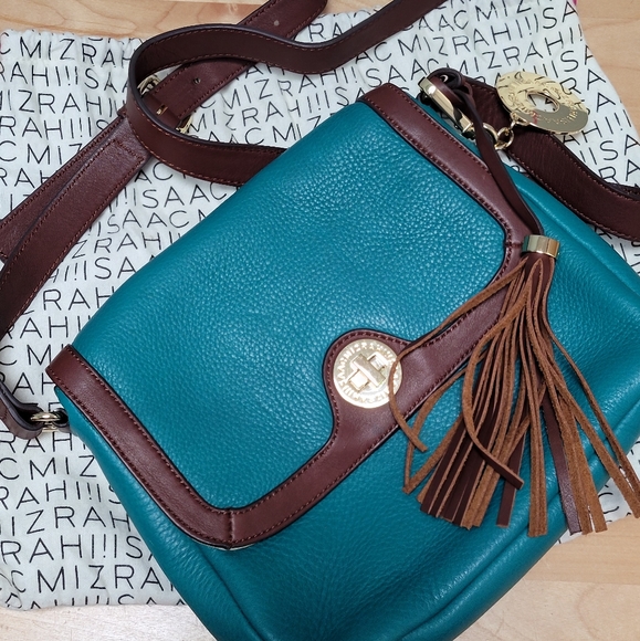 ISAAC MIZRAHI | TEAL PEBBLED LEATHER CROSSBODY BAG - Picture 5 of 15